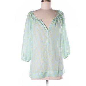 LOFT Blue Green Gray Polka Dot Print 3/4 Sleeve Sheer Top Blouse - Sz Medium